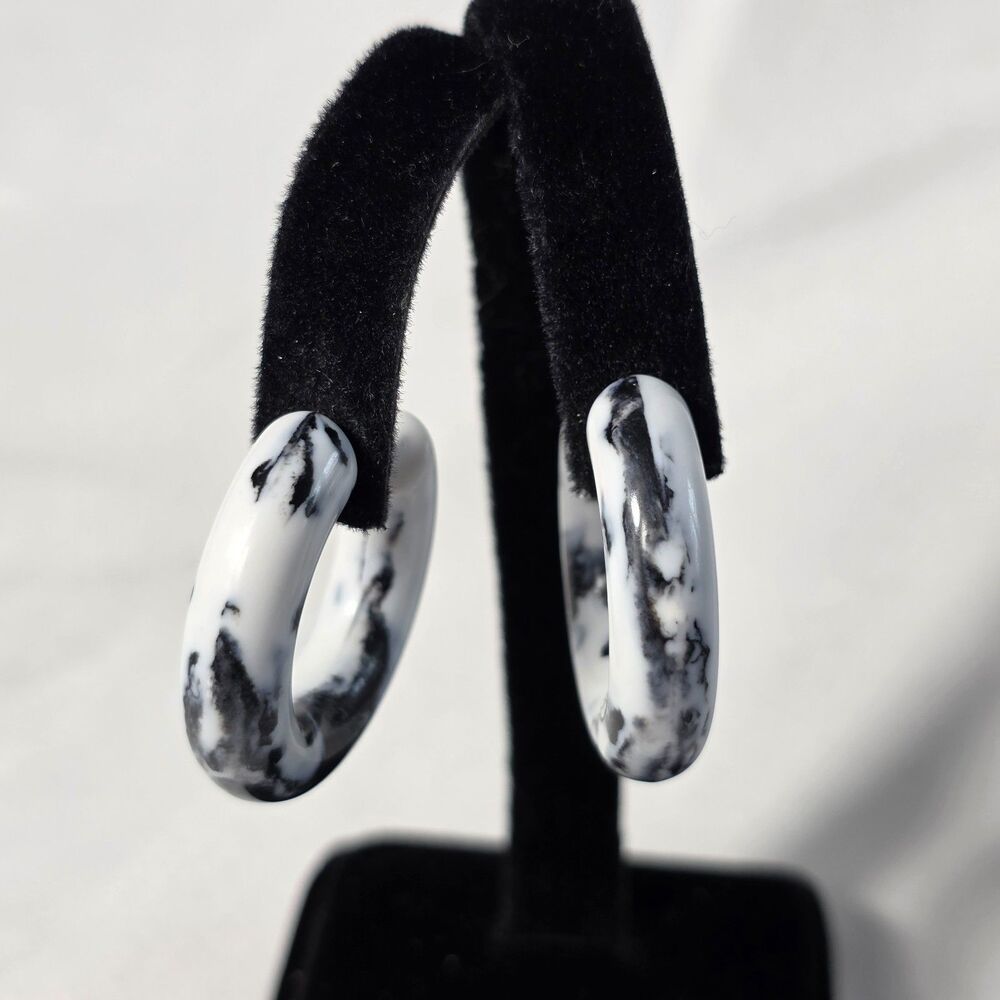 Resin Acrylic Half Hoop Earrings Black & White Marbled Finish Silver Posts